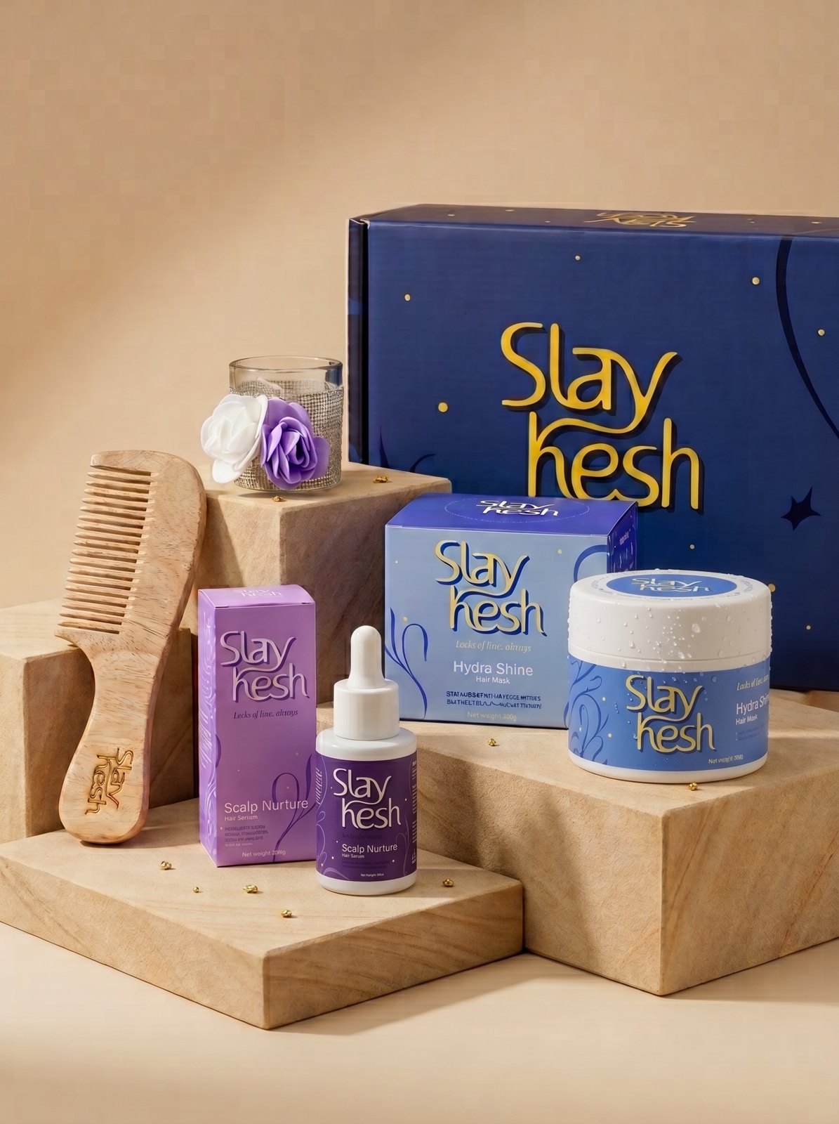Slaykesh Scalp Nurture Serum, Hydra Shine Hair Mask, neem comb and gift box